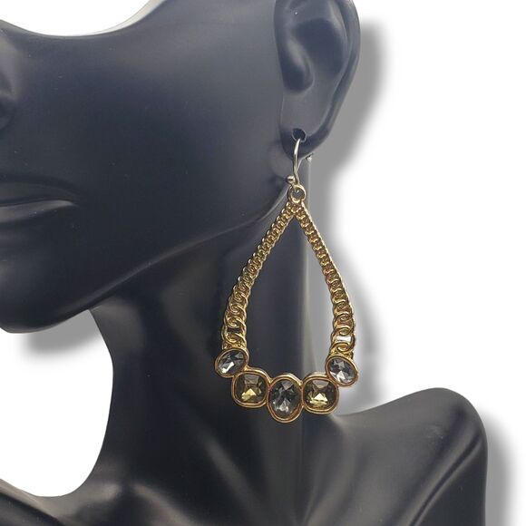 Gold Tone Teardrop Dangle Drop Hook Earrings Gray Golden Faceted Rhinestones - Picture 1 of 7